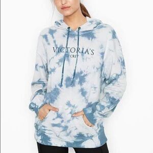Victoria’s Secret Stretch Fleece Pullover Hoodie Blue Storm Tie Dye Large NEW